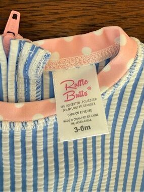 Ruffle Butts Blue Stripe and Pink Polka Trim Romper